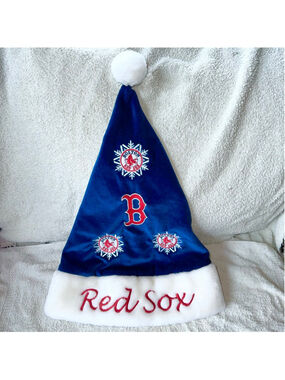 Vintage Adult OSFM Red Sox Embroidered Velveteen Plush Santa Hat Dark Blue